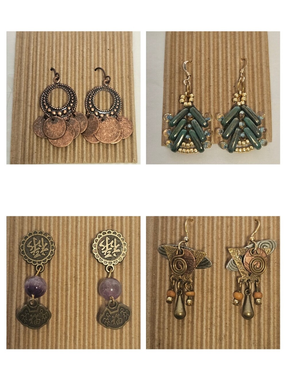 VTG Boho Artisan Dangle Earring Lot (4 Pairs) Beaded Copper Amethyst